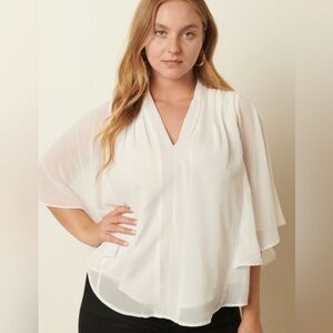 mittoshop White V-Neck Flutter Sleeve Blouse
